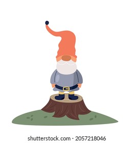The little gnome stands on a tree stump. Vector flat illustration. Fairytale character