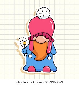 Little gnome sticker. Little gnome with fireworks. Winter hat. Winter vector illustration.