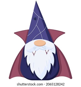 Kleiner Gnome-Vampir im flachen Stil, Zwergfigur mit Blutzähnen einzeln auf weißem Hintergrund. Vektorgrafik