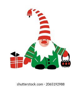 Little Gnome vector illustration. Hand drawn gnomes in funny hat  with flashlight and a gift. Cute Christmas character.
