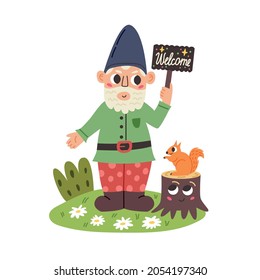 Little Gnome with Welcome Sign. Garden fairy tale dwarf character. Modern vector illustration in flat cartoon style