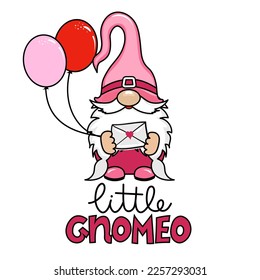 Little Gnomeo - Happy Valentine's Day gnome with  pink balloons and love letter. Nordic magic dwarf. Cute holidays Elf with hat. Vector illustration for love day