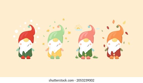 Little gnomes. Gnomes in cartoon style. Gnomes are depicted in four seasons.
