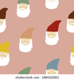 Little Gnomes Cute Faces Seamless Pattern Winter Theme Pattern Forest Gnomes With Colorful Hats On Old Pink Background Fabric Wallpaper Pattern