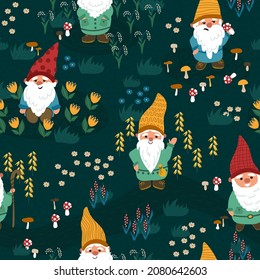Little gnomes in flower  mushroom meadow  Seamless pattern  Cute textures for baby textiles  fabric design  wrapping  scrapbooking  wallpaper  etc 