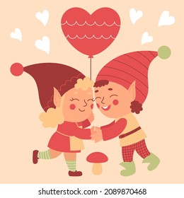 Little Gnomes In Love Are Holding A Heart-shaped Balloon. Children's Print. Valentine's Day Card. Fabulous Garden Elves. Vector Flat Illustration In Cartoon Style