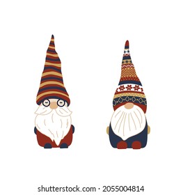 Little gnomes in patterned caps vector illustration. Fairy tale characters drawing. Christmas dwarfs design for greeting cards, poster, sticker.