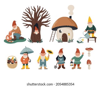 Little gnomes set. Dwarf character with cat, watering can, shovel, sunflower. Cute mushroom house