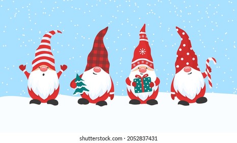 Little gnomes in the snow background. Christmas gnome in a hat holding a gift, a Christmas tree and a candy. Fairytale character for the New Year's greeting card. Vector illustration of Santa Claus. 