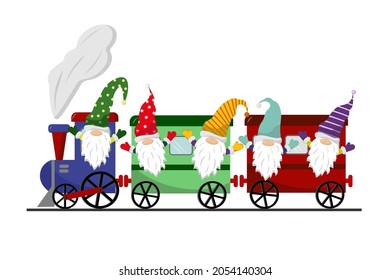 Little gnomes travel by train. Print for children room, use in the design of cards, invitations, fabrics and prints, shops. Vector illustration isolated on white background.