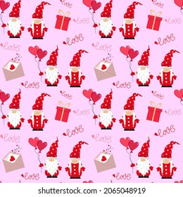 Little gnomes for valentines day. Pattern with mail envelopes and gifts. Festive illustration. Vector illustration. For use in packaging, prints, for children, shops, brochures and covers, souvenir