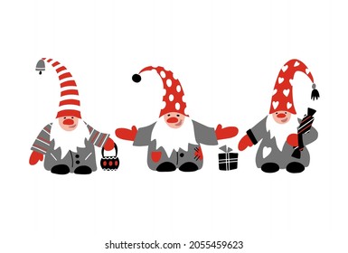 Little Gnomes vector illustration. Hand drawn gnomes with flashlight, candy and a gift. Cute Christmas character.