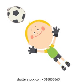 Little goalkeeper catching a soccer ball. Cute boy playing soccer on the football field. Happy kid playing with a ball. Cartoon vector eps 10 illustration on white background.