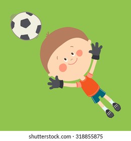 Little goalkeeper catching a soccer ball. Cute boy playing soccer on the football field. Happy kid playing with a ball. Cartoon vector eps 10 illustration on white background.