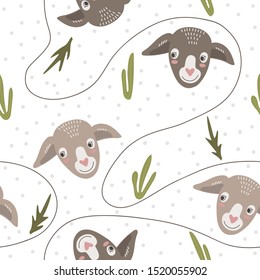 Little goat seamless pattern. cute animal cartoon. Creative childish textured background. Scandinavian style hand drawn vector illustration for fabric, textile, poster, card, kids room interior.