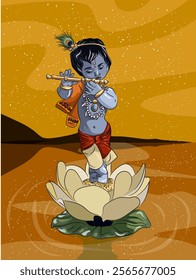 Little god Krishna plays the flute in nature near a lake and stands on a water lily.