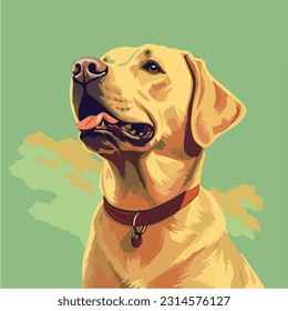 Little golden labrador looking up left warm green background