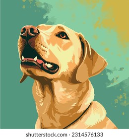 Little golden labrador looking up left warm green background