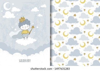 Little golden prince boy on the cloud with crown on head and magic wand in hands, staying on the cloud in the night sky with moon and stars. Kids card template and seamless background pattern design.