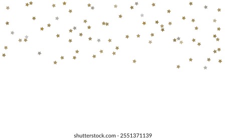 Confete dourado prata brilhante pequeno em forma de estrela isolado no fundo. Queda do mexilhão. Decoração festiva. Ano Novo, aniversário, conceito de celebração vencedora. Banner de ilustração vetorial