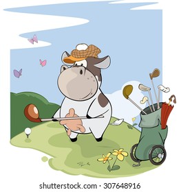 A little golfer cow. Cartoon 
