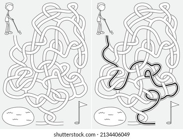 Little golfer maze for kids with a solution iin black and white