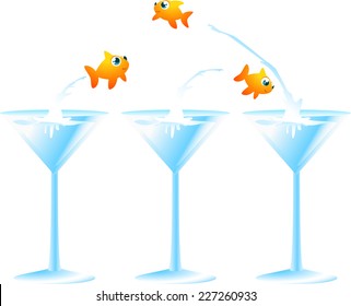 Little golfish fish jumping from a cocktail glass to another f, leaving in the first one two fish friends. Vector illustration. 