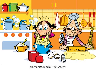 Little granddaughter helps an elderly grandmother to cook in the kitchen.She is learning to knead dough.