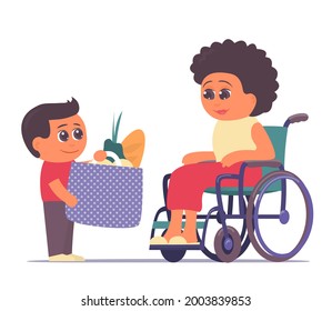 Un nieto trajo comida a su abuela en silla de ruedas. Cuidar y ayudar a los ancianos. Valores familiares. Ilustración de dibujos animados aislados por vectores