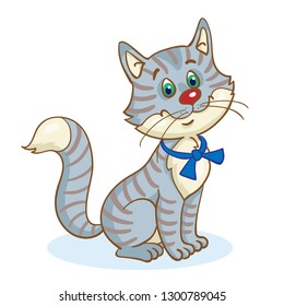 A little gray brooding cat is sitting. In cartoon style isolated on white background. Vector illustration.