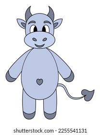 Little gray bull. Baby cow with a cute belly. Calf. Vector illustration. Cartoon style. Isolated background. Bull. Animal navel in the shape of a heart. A cute pet with horns and a heart-shaped tail. 