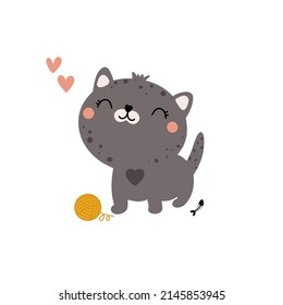 Little gray cat on a white background. Vector illustration of a pet with ball of thread and hearts. 