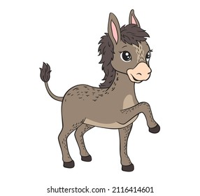  Pequeño burro gris con orejas grandes y cola.Ilustración vectorial en arte de línea blanca y negra estilo caricatura