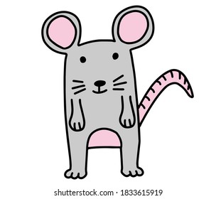 Little gray doodle mouse. Hand drawn lines cartoon character vector illustration isolated on white background.
