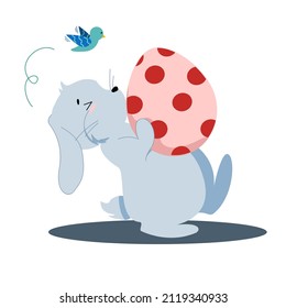 little gray easter bunny carrying an easter egg