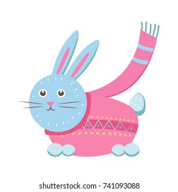 Little gray hare in sweater icon isolated on white background. Vector illustration with animal with long ears in pink sweater with scarf