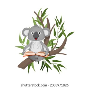 Little gray koala reads a book while sitting on eucalyptus branches. Vector illustration in cartoon style, flat