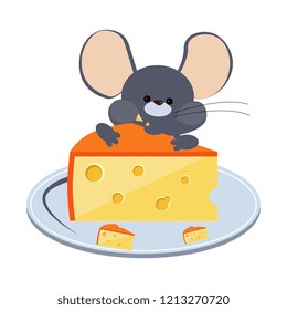 Little Gray Mouse Chewing Cheese On A Plate. Vector Illustration