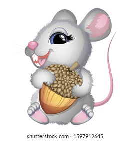 Little gray mouse with tasty nut. Cartoon vector illustration.