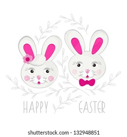 little gray pink rabbit couple in gray delicate branches on white background Easter spring holiday illustration with wishes