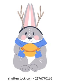 Little gray rabbit with antlers with a golden goblet. New Year's picture. Isolated on white background.Flat vector illustration. Eps10