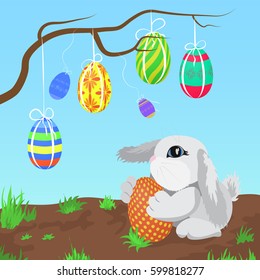 Little gray rabbit with the Easter eggs hanging on a branch vector illustration.