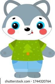 
little gray wolf in a green shirt