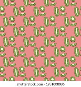 Little green abstract kiwi fruit silhouettes seamless pattern. Decorative natural backdrop with pink background. Great for fabric design, textile print, wrapping, cover. Vector illustration.