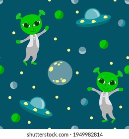 Little green aliens fly in space among planets and flying saucers. Seamless pattern with cute and funny UFO on a dark blue background. Pattern for baby linen, clothes, bed. 