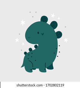 Little green baby dinosaur with stars on background. Kid animal clip art in flat style. Childish cartoon vector illustration. Ideal for poster, print, card, kids room decoration