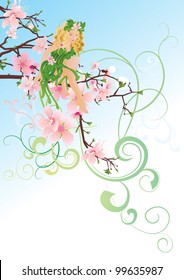 little green blond fairy sitting on the blossom cherry tree branch vector decorative illustration