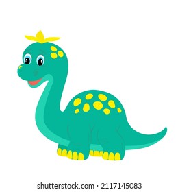 Little green brachiosaurus cub with yellow spots isolated on a white background.