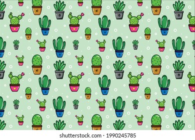 Little green cactus pattern with light background, vector illustration