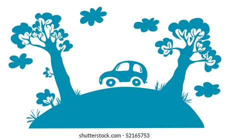 little green car on a sunny road in the hills tour car plant tree nature land grass landscape vine travel natural earth cloud ecosystem leaf transport clouds scenery auto energy driving green road env